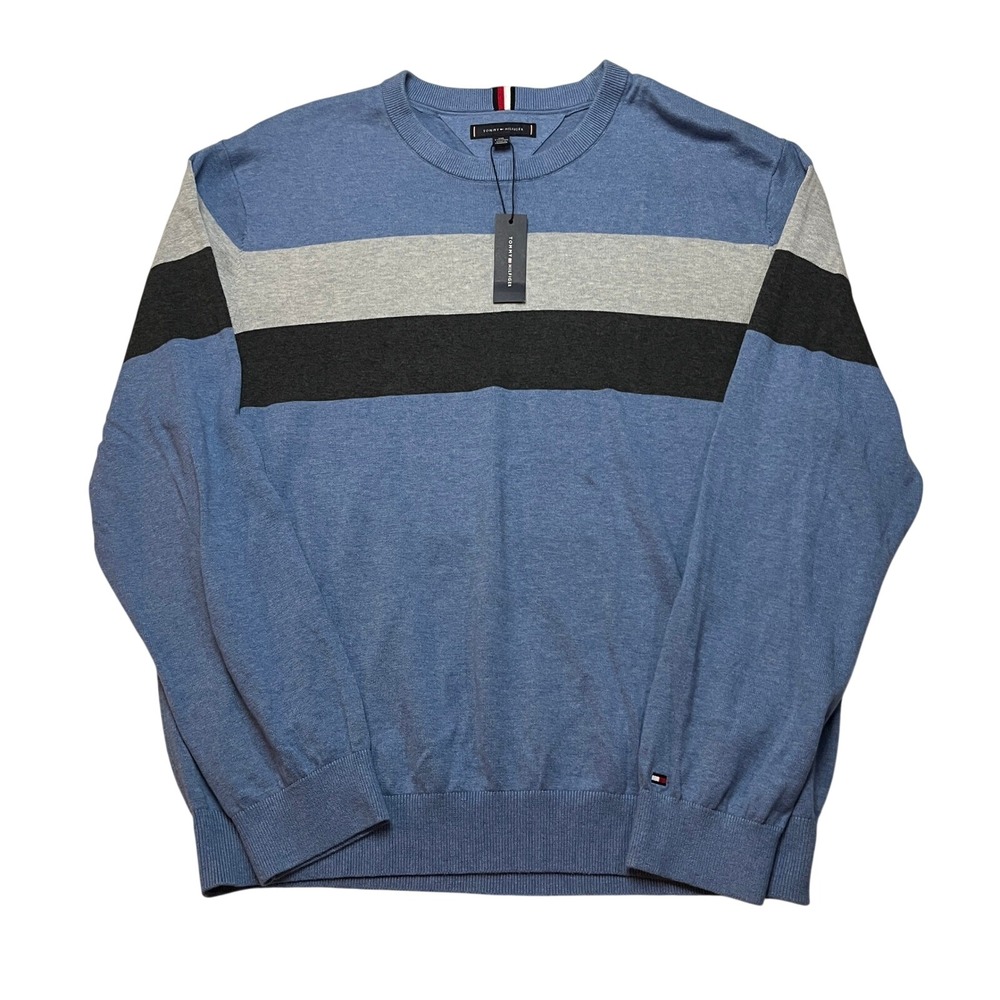 Tommy Hilfiger Sweater Mens XXL Blue Stripe Crewneck Pullover 78J9323 Cotton